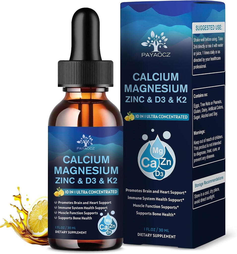 (4 Pack) 10 em 1 cálcio Magnésio Zinco Suplemento, Magnésio Glicenato Complexo Drops Líquidos com vitamina D3 K2 B6, Vegan Citrato de cálcio osso & Imune Saúde Suporte, Dormir & Cães, Boron, 1 Fl Oz