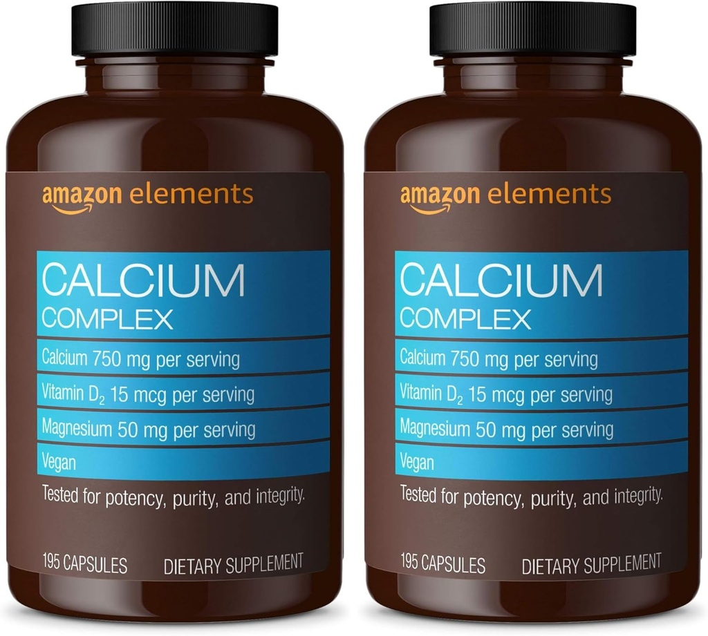Elementos Complexo de cálcio com vitamina D, 250 mg Cálcio (3 por serviço), Vegan, 195 Cápsulas (Pacote de Maio Vary), Suporta ossos fortes e saúde imune (Pacote de 2)