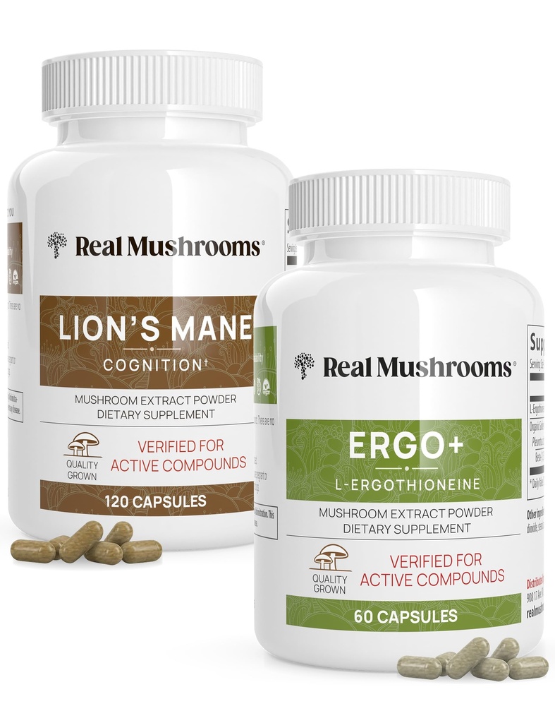 Ergotione (60ct) e Leões Mane (120ct) Conjunto com Shiitake e Oyster Mushroom Extracts - Longevidade e Cognição - Vegan, Gluten Free, Non-GMO