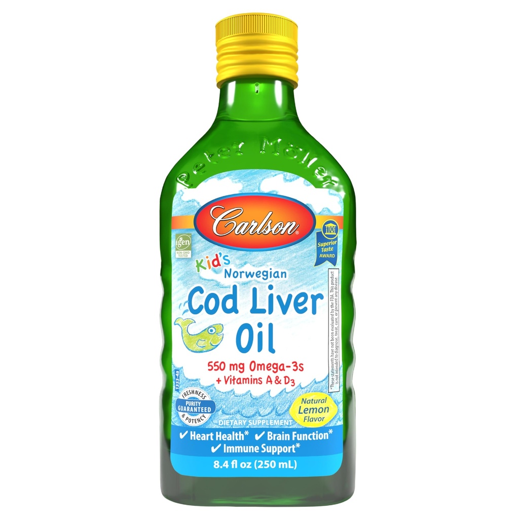 Carlson - Óleo de fígado de bacalhau de criança, 550 mg Omega-3s, Vitaminas A & D3, Wild Norwegian, Lemon, 250 mL