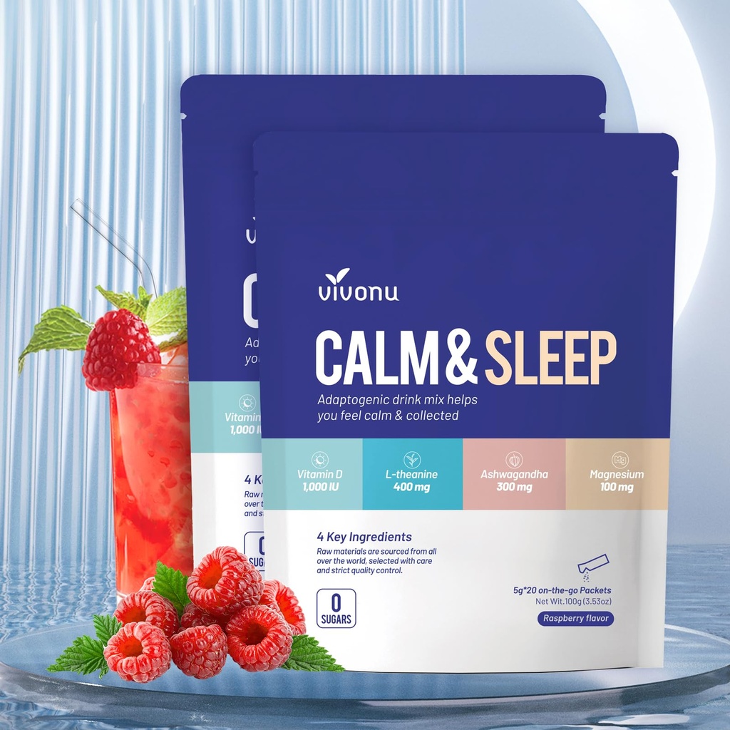VivoNu Calm & Sleep Powdered Drink Mix Framboesa L Theanina Ksm-66 Ashwagandha Magnésio Glycinate Vitamina D 3 Suplementos para Relaxamento e Foco Sem Açúcar Não OGM