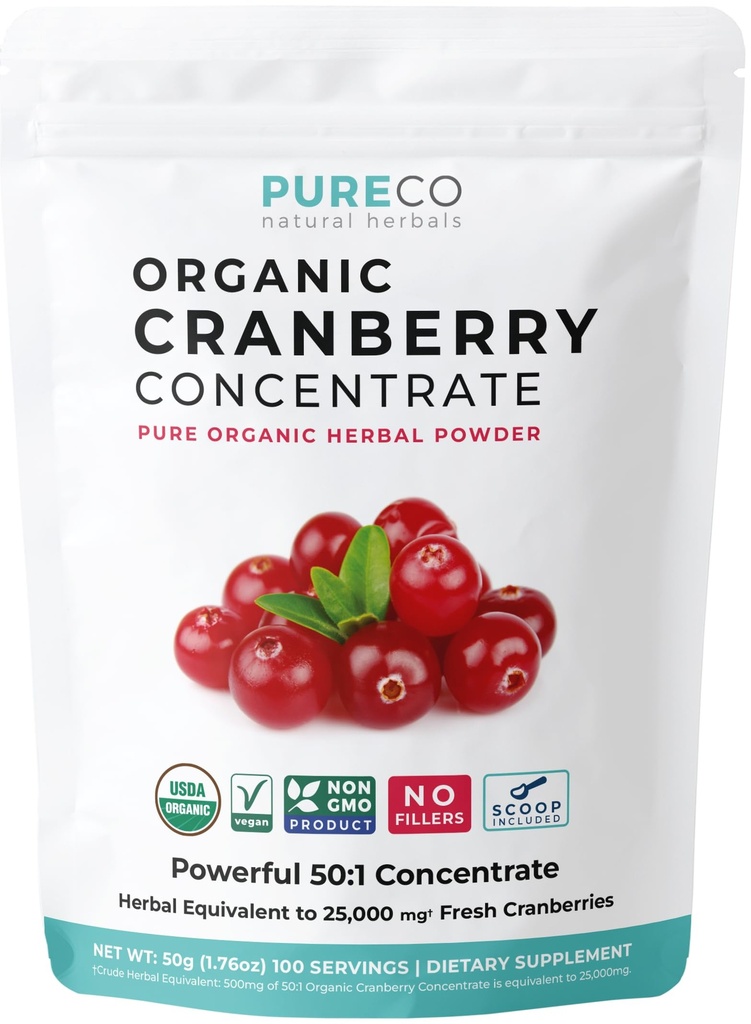 USDA Concentrado de cranberry orgânico (50:1) Pó - 500mg é equivalente a 25.000mg de cranberries frescos - para Rim Cleanse & ITU Suporte Vitaminas - Mulheres - Suplemento - 100 Servos - Sem comprimidos