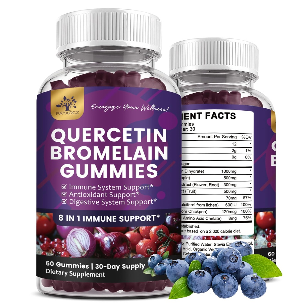 (2 Pack) Quercetin Gummies com bromelaína Zinc Elderberry Vitamina C D3 K2, Quercetin 1000mg Suplemento com Bromelain 500mg para cardiovascular, sistema imunológico e alergia, Vegan Gummy para adulto & Kid