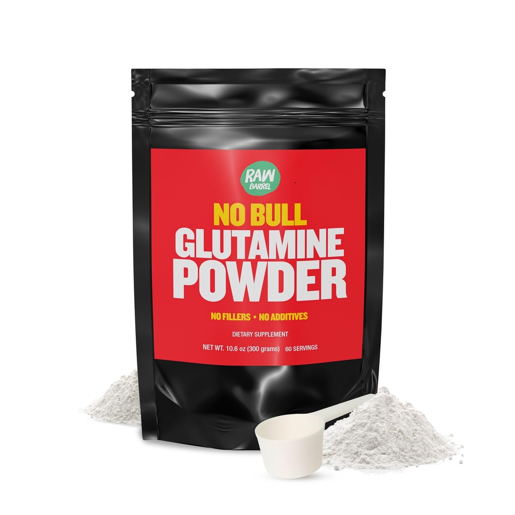 “No Bull” L-Glutamina em pó - Glutamina sem sabor e micronizado, Puro L Glutamina em pó, Não OGM, L Glutamina Suplemento, Naturalmente Vegan, Vegetariano e Glúten Livre, 300g