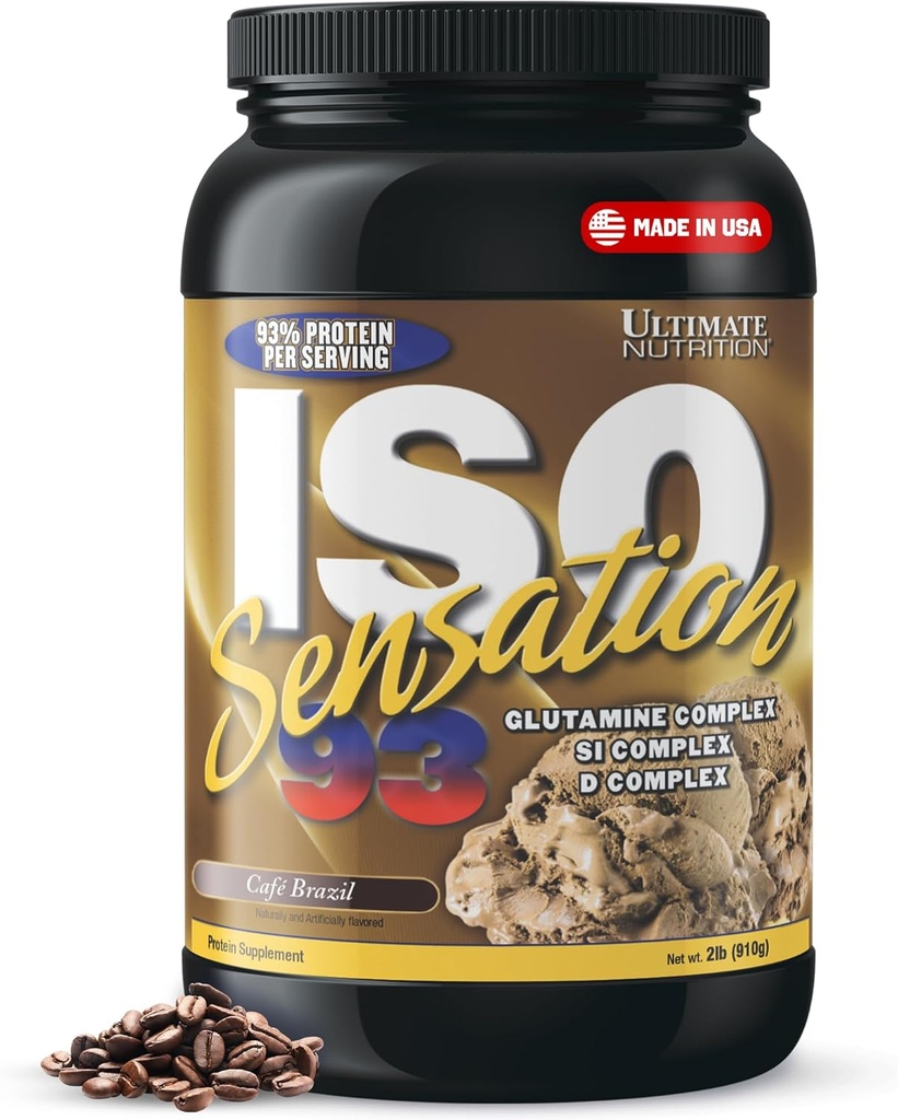 Ultimate Nutrition Whey Protein Isolate Powder with Glutamina Complex, ISO Sensation 93 - Whey Protein Powder with Added Colostrum for Enhanced Recovery, Immunity & Gut Health - Cafe Brazil, 2lbs