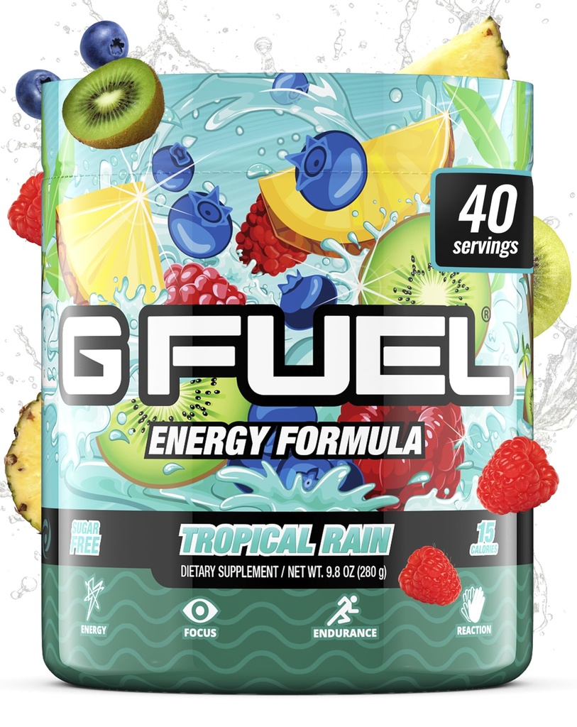 G Combustível Tropical Rain Energy Drink Powder, Mistura de cafeína pré-treino para jogos, Amino sem foco de açúcar, Vitamina + antioxidantes, 9.8 oz (Fruit Medley, 40 Servings)