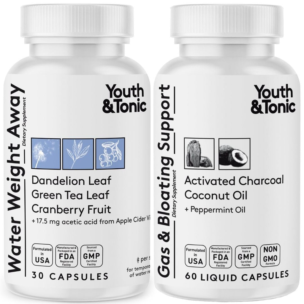 Peso da água Away & Gás e Bloating – Diurético & Charcoal Pills para Bloating Relief – Suporte para Retenção de Água, Pernas Inchadas e Bloating Digestivo – Pills Pills & Coconut Oil – 90 Pills