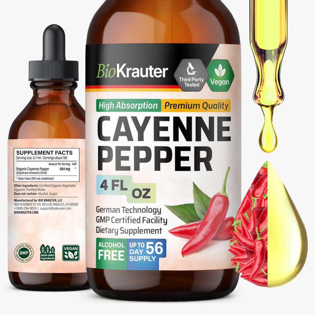 BIO KRAUTER Cayenne Extrato de Pimenta Líquido - Extrato de Capsaicina Pura - Liquido Cayenne Gotas de Pimenta para Suporte Digestivo - Açúcar e Álcool Livre 4 Fl.Oz.
