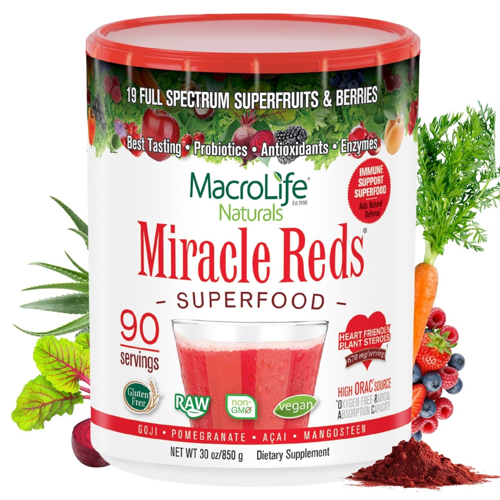 MacroVida Naturals Milagre Vermelhos Suplemento Superalimentar Antioxidantes em pó Polifenóis Enzimas Probióticos - não-GMO não-Gluten Vegan orgânico & Dairy Free - 30oz (90 Servões) 30oz