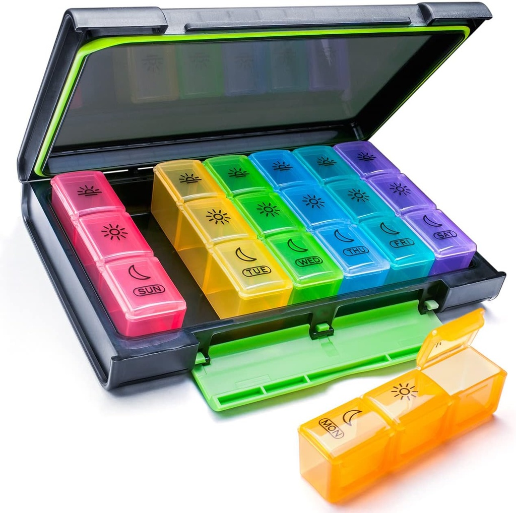 Organizador de comprimidos semanal, caixa de pílulas de 7 dias (3-Times-A-Day) portátil para viagem com teste de umidade-Proof caso de pílula para comprimidos / Vitamina / óleo de peixe / suplementos