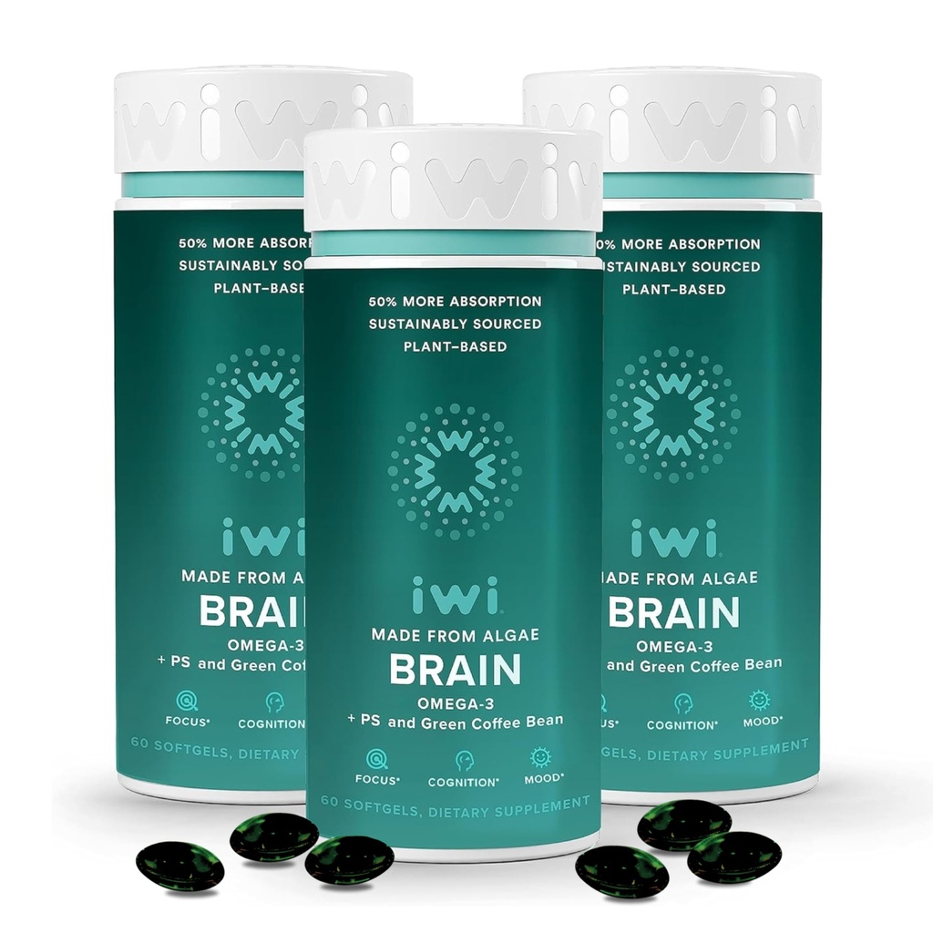 iwi vida Cérebro Omega-3, 180 Softgels (90 Servings), Vegan planta-baseada Algae Omega-3 com EPA + DHA, Foco, Memória e suporte de humor Suplemento dietético, Krill & óleo de peixe alternativa, Sem gosto de peixe