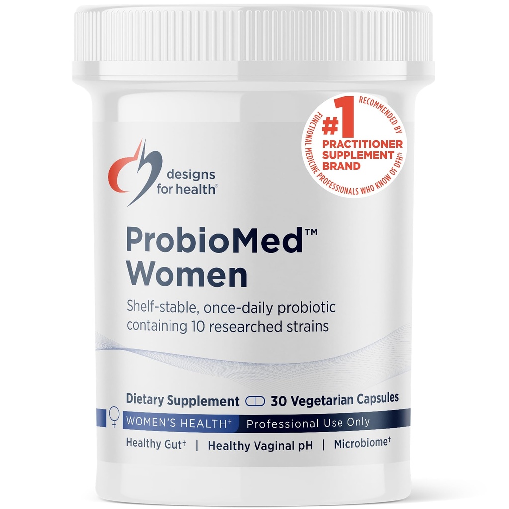 Designs para Saúde ProbioMed Mulheres - Probióticos vaginais para apoiar o equilíbrio de pH, Conforto vaginal, Saúde Imune & Gut Saúde para as mulheres - Probiótico sem leite (30 cápsulas)