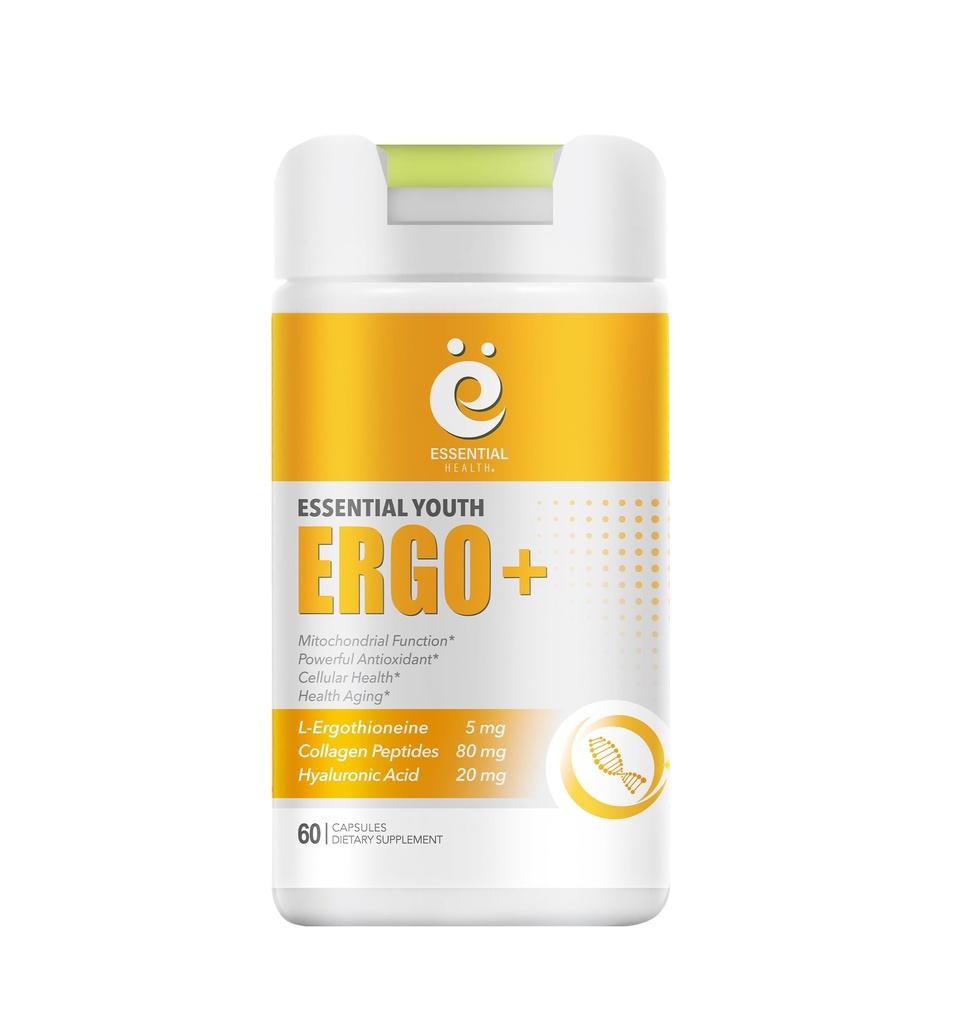 L-Ergotioneina com Colágeno Peptídeos, Ácido Hialurônico, Vitamina C e E - Antioxidante Avançado, Promove Longevidade e Envelhecimento Saudável – Sem Glúten, 60 Cápsulas (1 embalagem)