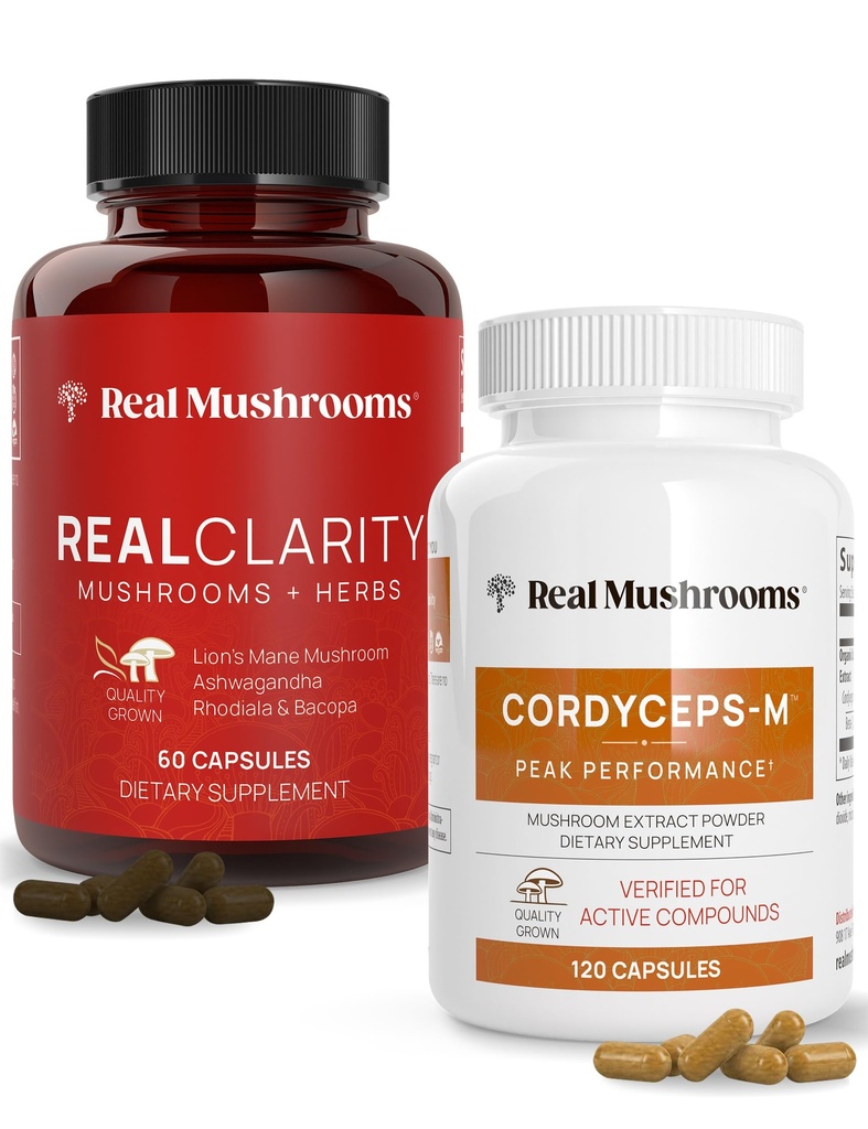 Real Cogumelos RealClarity (60ct) e Cordyceps (120ct) Cápsulas Pacote - Suplemento Cogumelo para Clareza Mental, Foco, Energia & Vitalidade - Vegan, Não-GMO, Verificados Níveis de Beta-Glucans