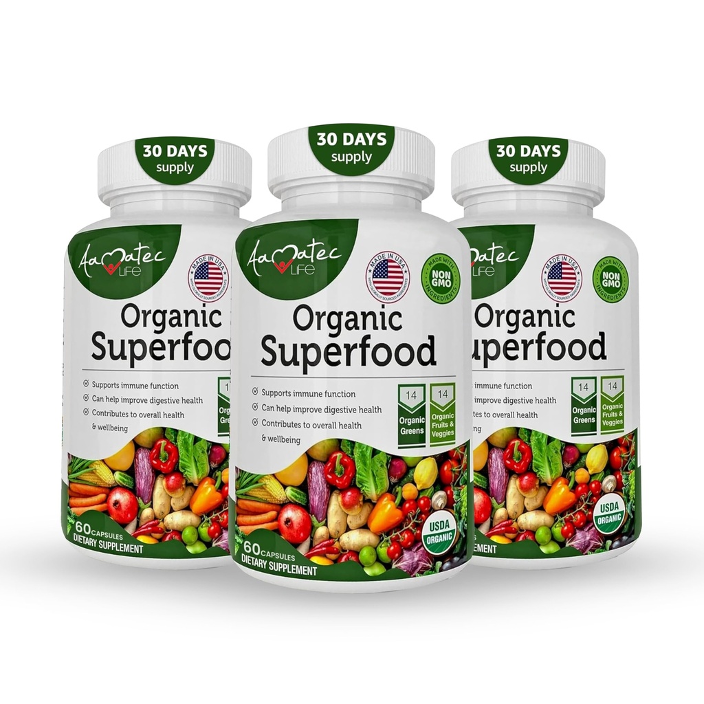Orgânico Superalimentar Greens Fruits and Veggies Complex - Melhor Suplemento Dietário com 14 Verdes & 14 Frutas & Legumes com Alfalfa Rico em ingredientes orgânicos antioxidantes Não-GMO (180 Count Pack of 3)