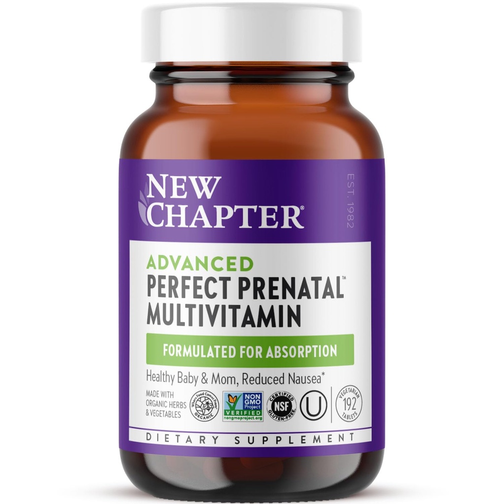 Novo capítulo Vitaminas pré-natais perfeitas avançadas, 192ct, feitas com ingredientes orgânicos, não-GMO para bebê saudável & mãe - folato (metilfolato), ferro fermentado de alimentação inteira, vitamina D3 + gengibre