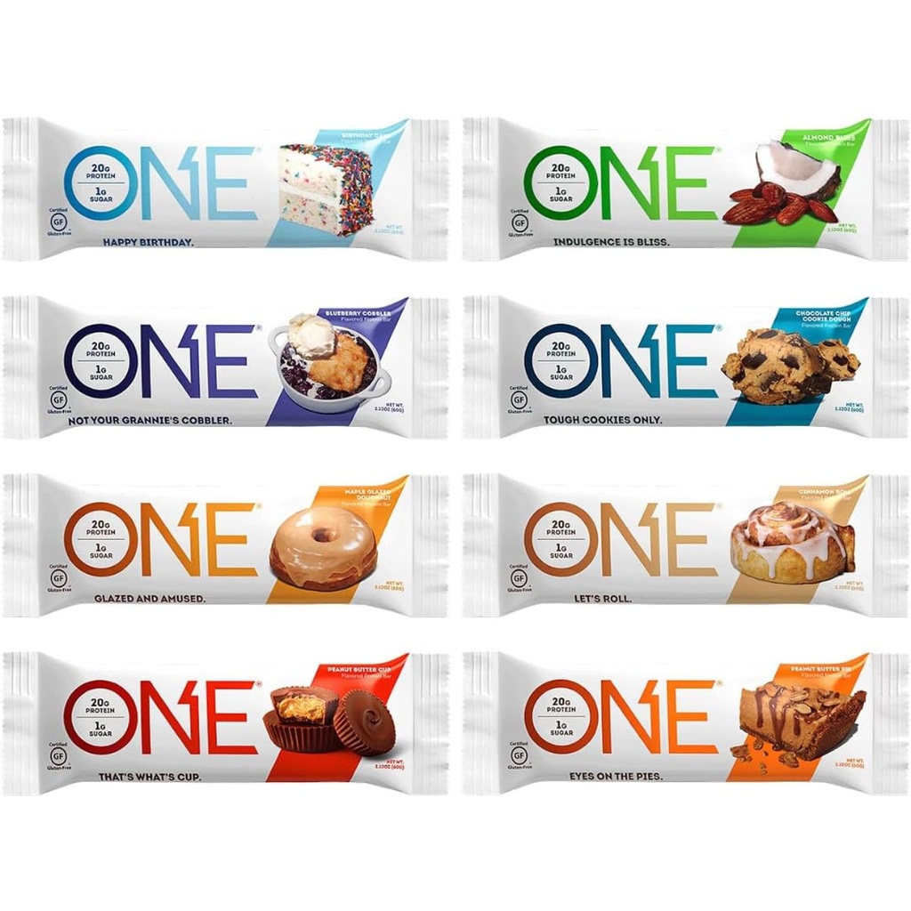 ONE Protein Bars, Sampler Variety Pack, Gluten Free com 20g de proteína e 1g de açúcar, Pantry Staples, 2,12 oz (8 contagem)