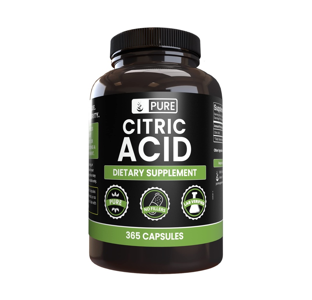 Pure Original Ingredients Ácido cítrico (365 Cápsulas) Sem enchimento de magnésio ou arroz, sempre puro, laboratório verificado