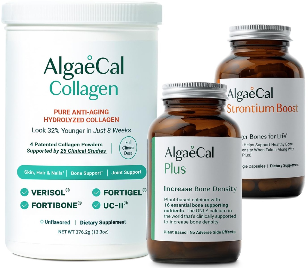 ALGAECAL Bone Builder & Collagen Bundle – Colágeno Clinicamente Suportado com Verisol, Fortibone, Fortigel + Cálcio Baseado em Planta, Estrôncio, D3, K2, Magnésio e 16 Nutrientes para Beleza e Saúde Óssea