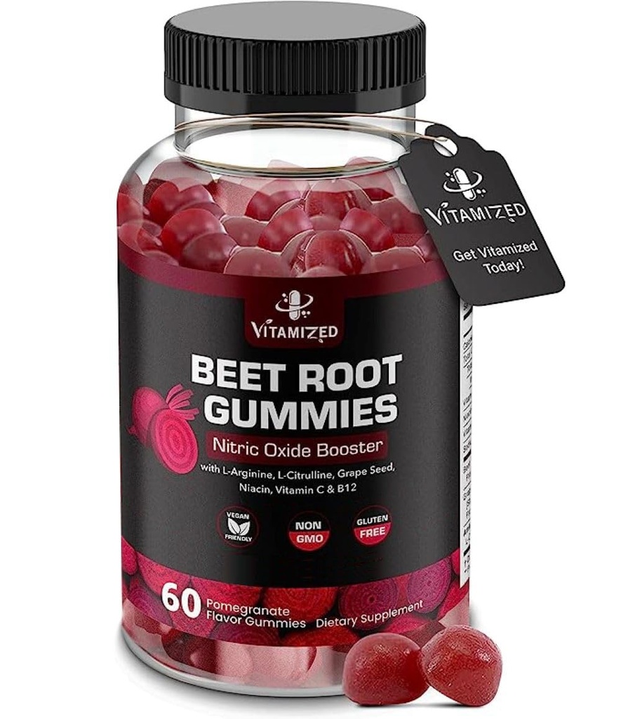 Beterraba Gummies - Super Nitric Oxide Beterraba Suplemento - Red Beetroot Heart Chews com semente de uva Poder e B12- Romã sabor, 60 Mastigações beterrabas