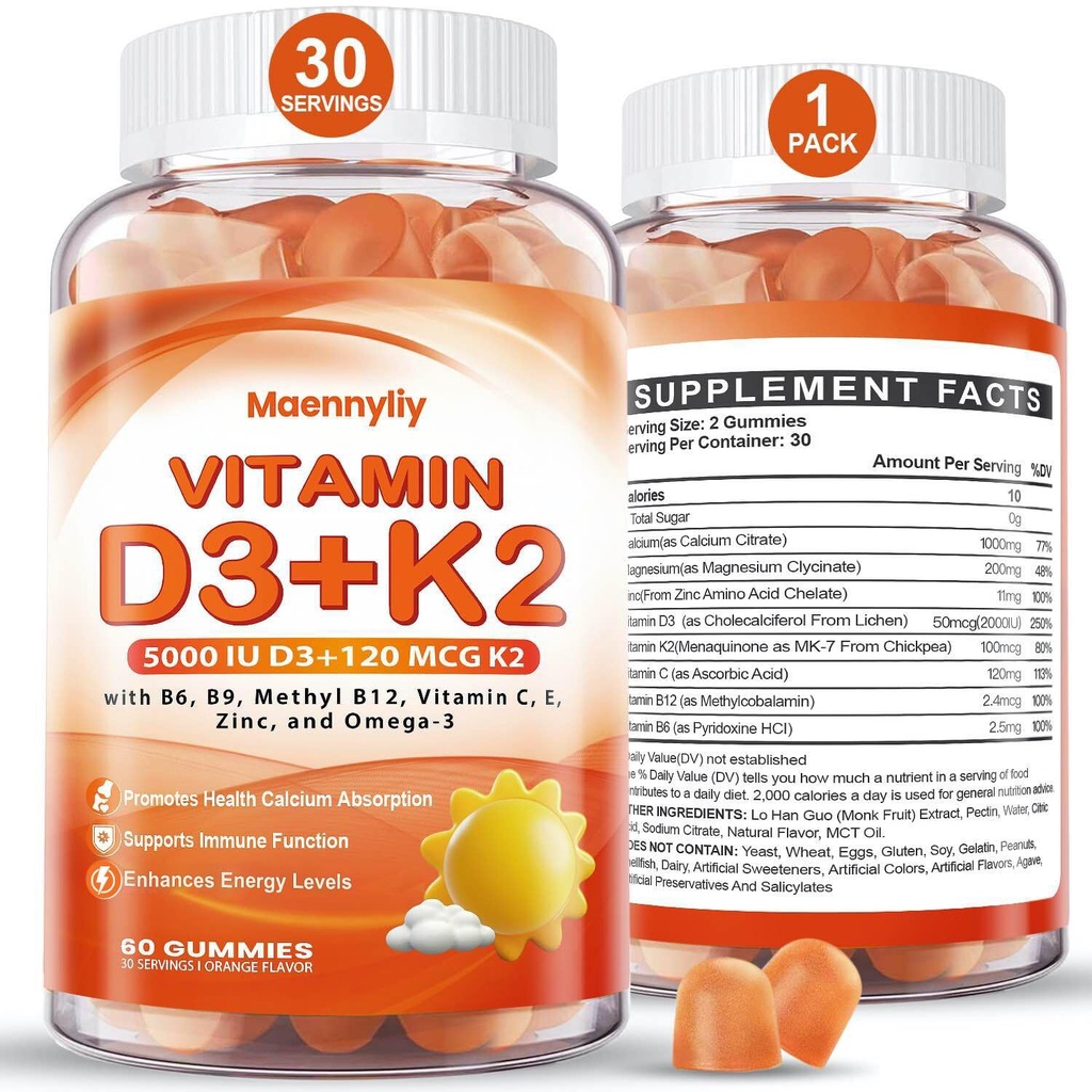 Vitamina D3 K2 Gummies para Adultos - Vitamina D3 5000UI + K2 (MK-7) 120mcg - Suplementos sem açúcar D3 e K2 com Omega-3, Metil B12, B9, B6, Vitaminas E & Zinco - para Absorção de cálcio e Saúde Imune