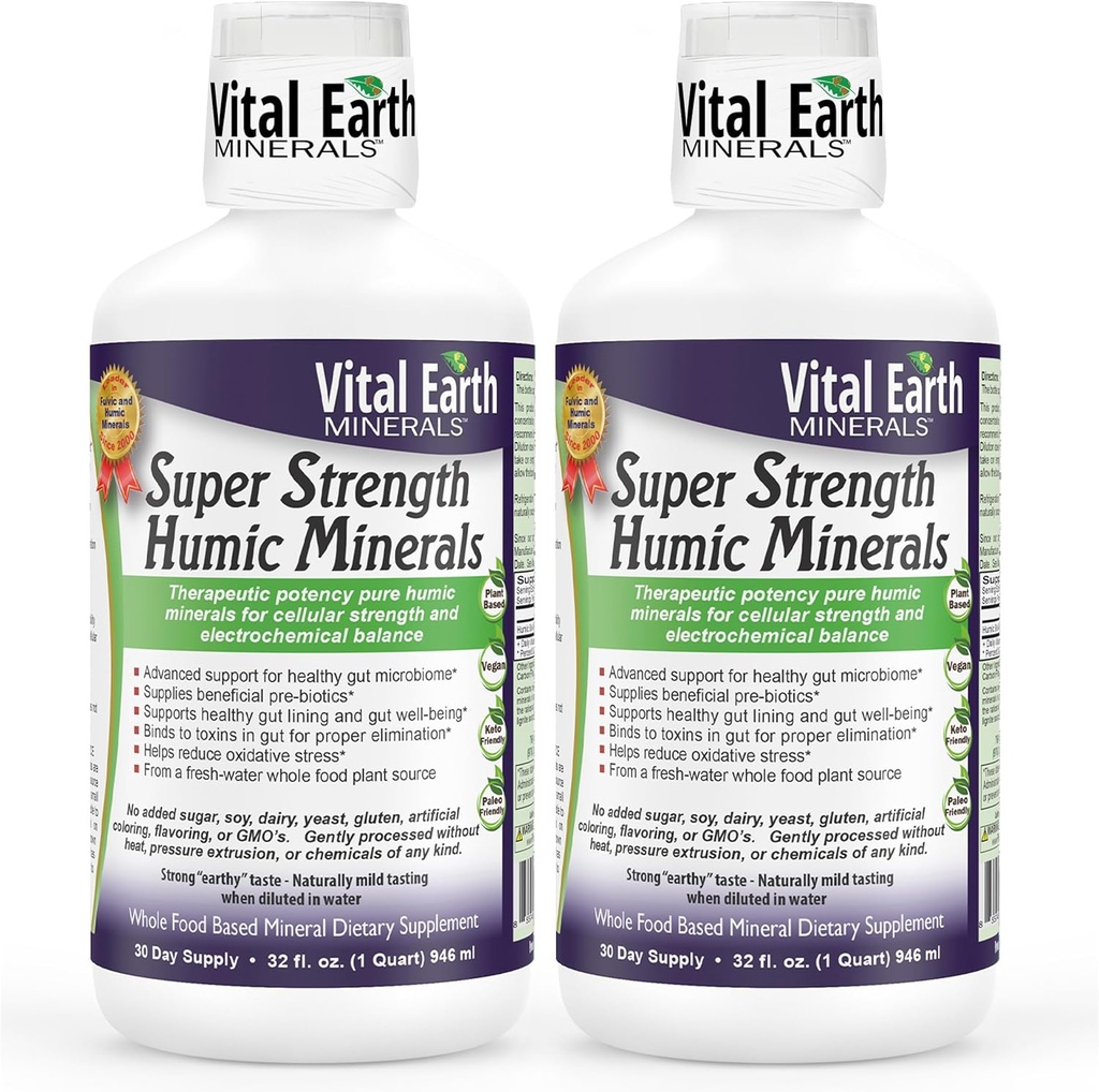 Minerais da Terra Vital Super Força Minerais Humic 2-Pack – Suplemento ácido fulvico com 70+ Minerais Trace, Eletrólitos para Detox e Digestão, 32 Oz Ea + 1 Oz Cup