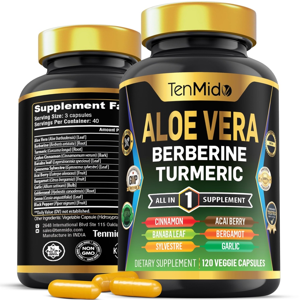 Aloe Vera Cápsulas Suplemento - 12in1 Fórmula - Combine com Berberine, Açafrão, Ceilão Canela, Banaba Folha, Gymnema Sylvestre, Acai Berry, Bergamota, Alho e Mais - 120 Cápsulas