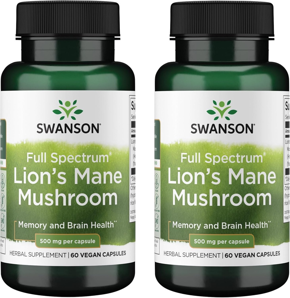 Swanson Full Spectrum Mane Mushroom - Suplemento de saúde cerebral para apoiar memória, foco e clareza* - Pode também ajudar Imune, coração e saúde digestiva - Gluten-Free & Non-GMO - 60 cápsulas (2 pacote)