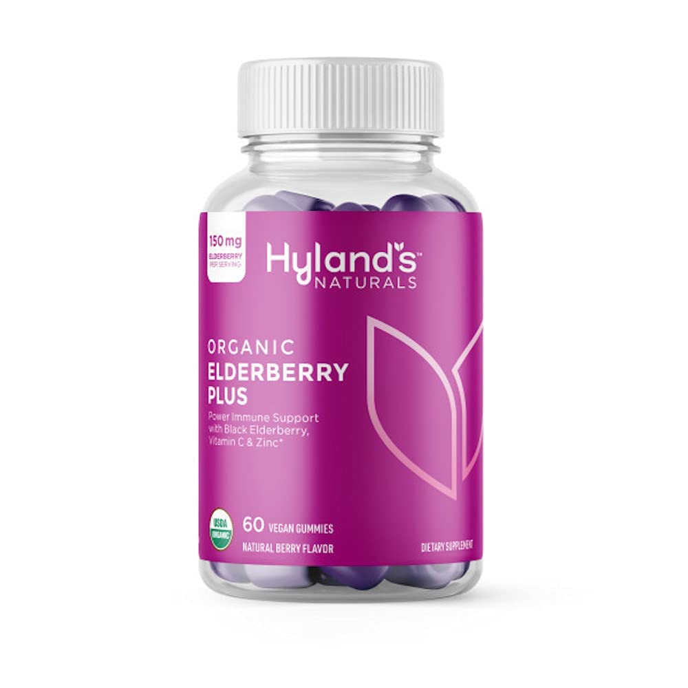 Hyland's Organic Elderberry Plus Gummies, Orgânica Black Elderberry com ZINC e vitamina C, Suplemento de suporte imunológico para adultos, 60 Vegan Gummies (30 dias)