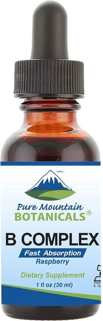 Pure Mountain Botanicals Liquid Vitamina B Complex - Framboesa Sabor Kosher B Complex Vitamina com B12, B6, Thiamin, Biotin, Niacin - 1 oz Garrafa