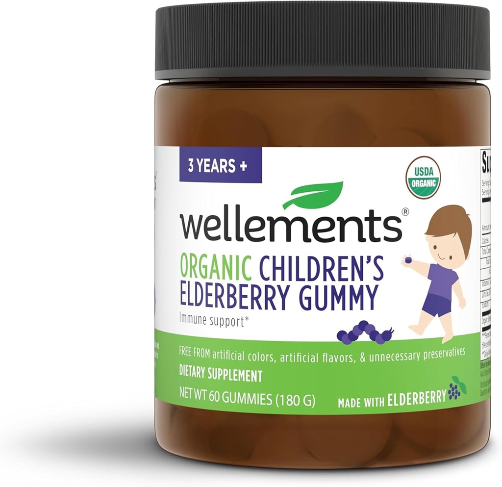 Wellements Organic Children's Elderberry Gummy (Gummies de apoio imune diário para crianças), feito com vitamina C e zinco, USDA Certified Organic, sem cores artificiais