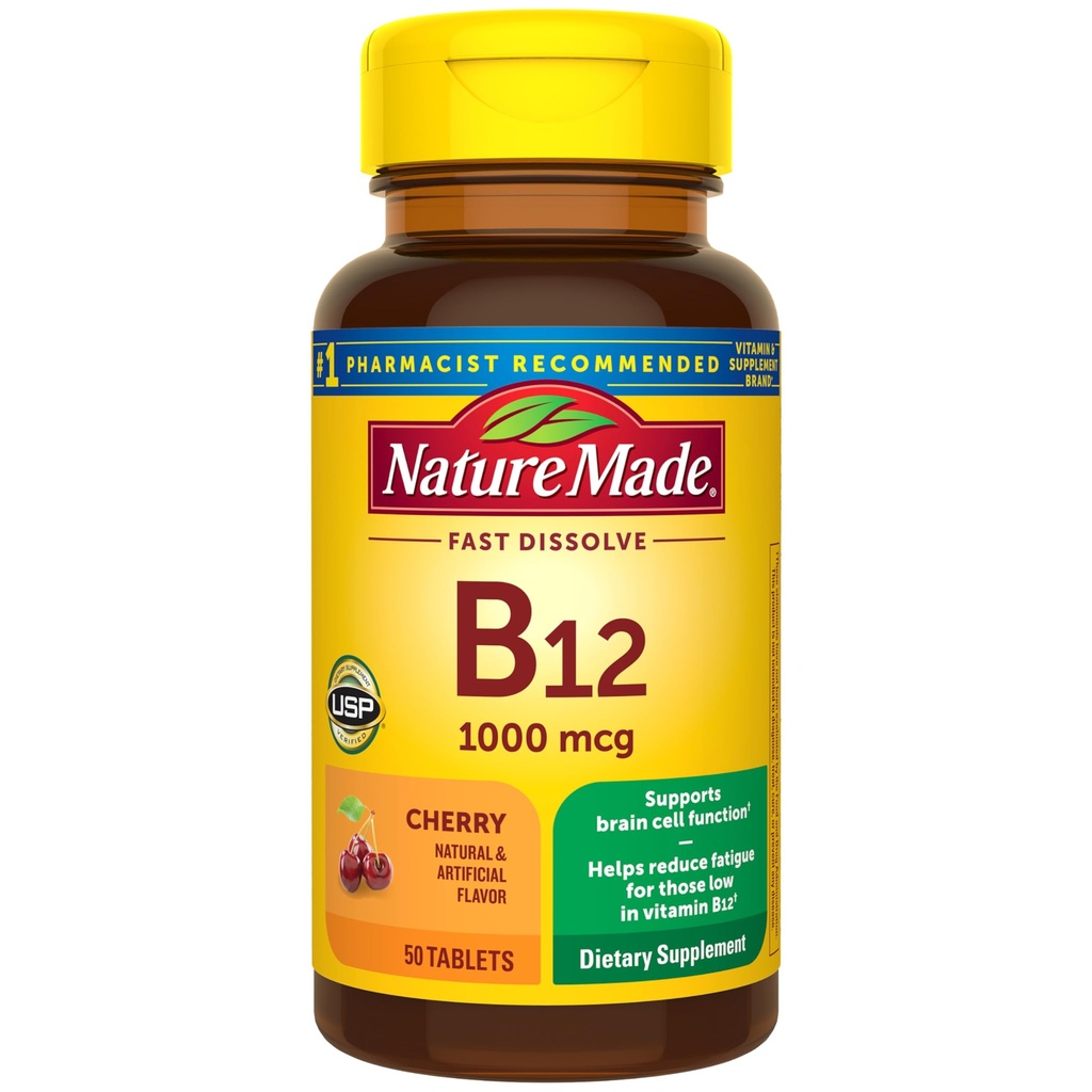 Natureza feita vitamina B12 1000 mcg, fácil de tomar B12 sublingual para apoio ao metabolismo energético, 50 açúcar livre rápida dissolução comprimidos, 50 fornecimento dia