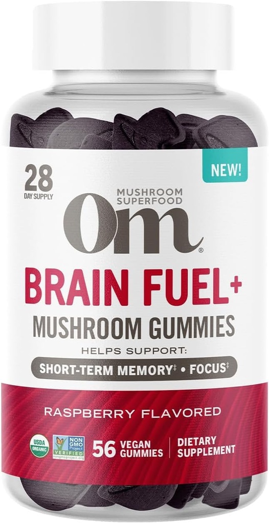 Om Mushroom Superfood Cérebro Combustível+ chicletes, 28 Servings, Framboesa Gummy Suplemento com Mane Leão para memória e foco