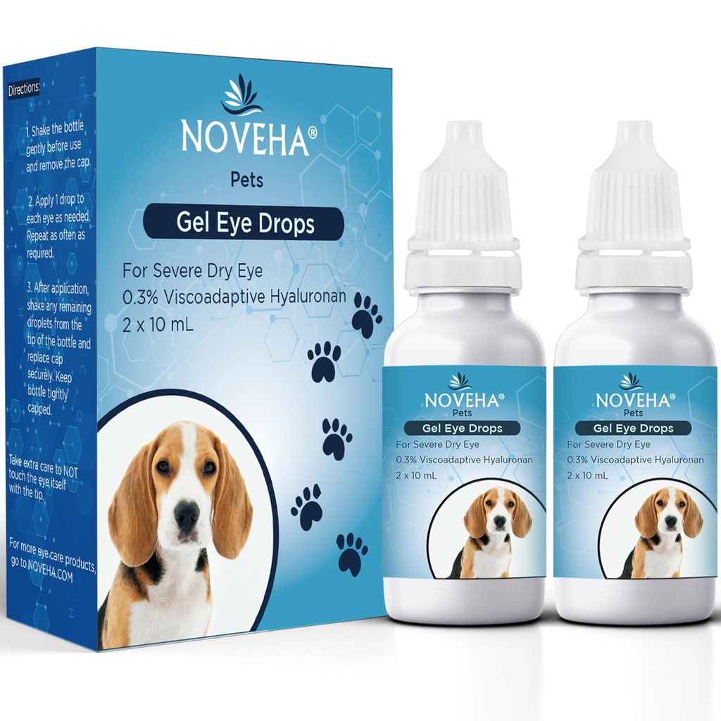 NEVEHA Pet Gel Eye Drops with 0,3% Viscoadaptive Hyaluronan Solução para Olhos Secos Graves - Hidratação Longa Duração, Reduz Nuisance, Inchaço & Secura - Lubrificante Olho para Cães e Gatos (2x10mL)