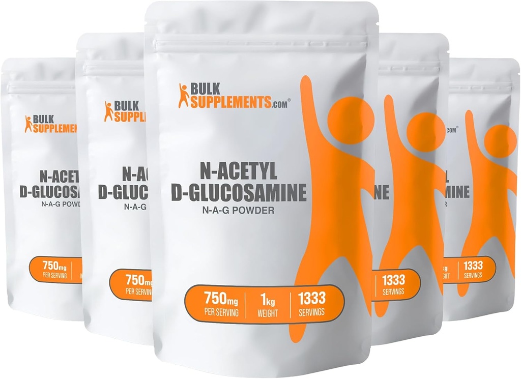 BulkSuplementos.com N-Acetil Glucosamina Pó - NAG Pó, Glucosamina 750mg, Suplemento de Glucosamina - Glucosamina Pó, Glúten Livre, 750mg de por serviço, 5kg (11 lbs) (Pacote de 5)