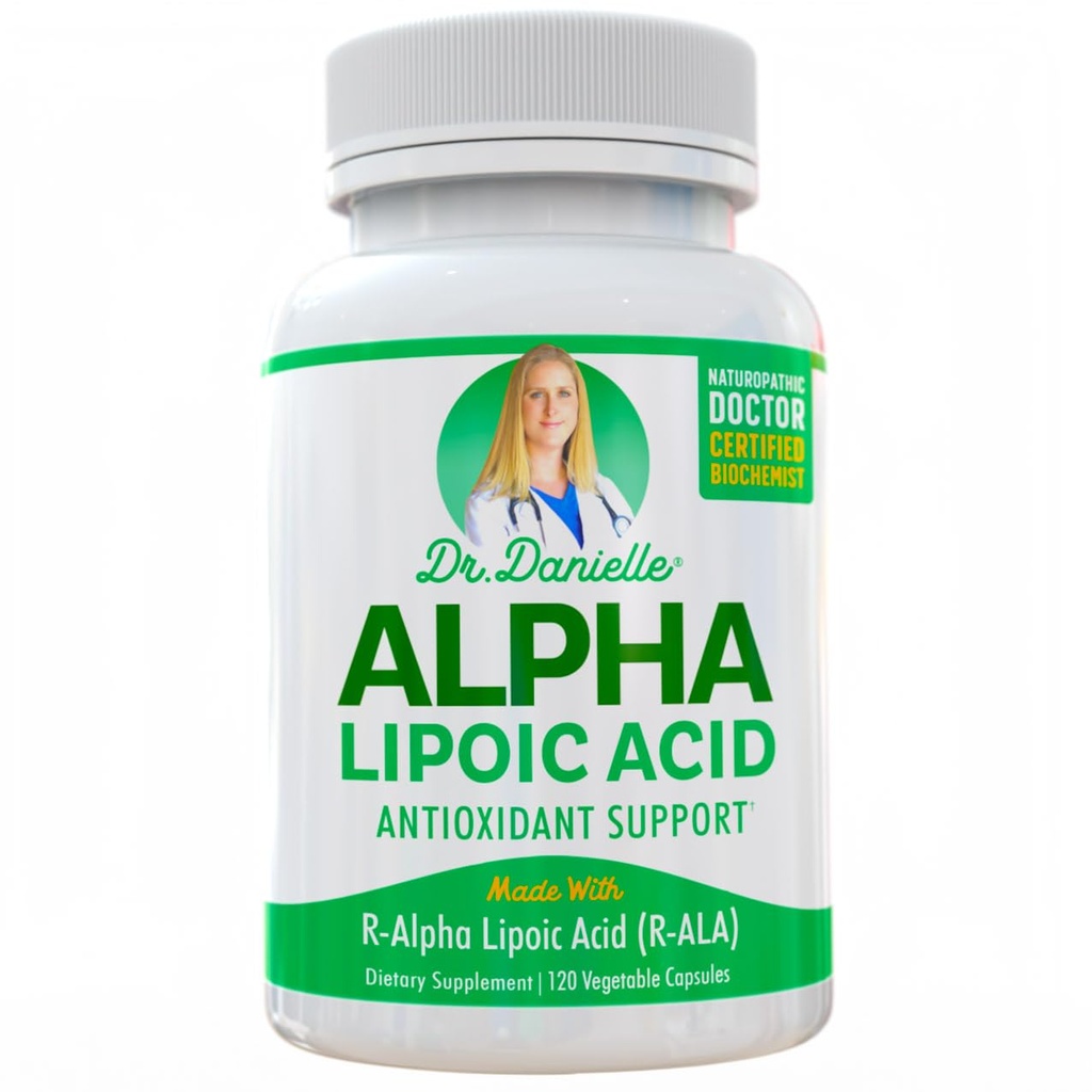 Ácido Alfa-Lipoico pelo Dr. Danielle, Suporte de Neuropatia, Não-GMO, Glúten-livre, Vegan, Sem Soja, Promove açúcar de sangue saudável, Ácido Alfa R Lipoico R-ALA, R-ALA, 120 bonés vegetarianos