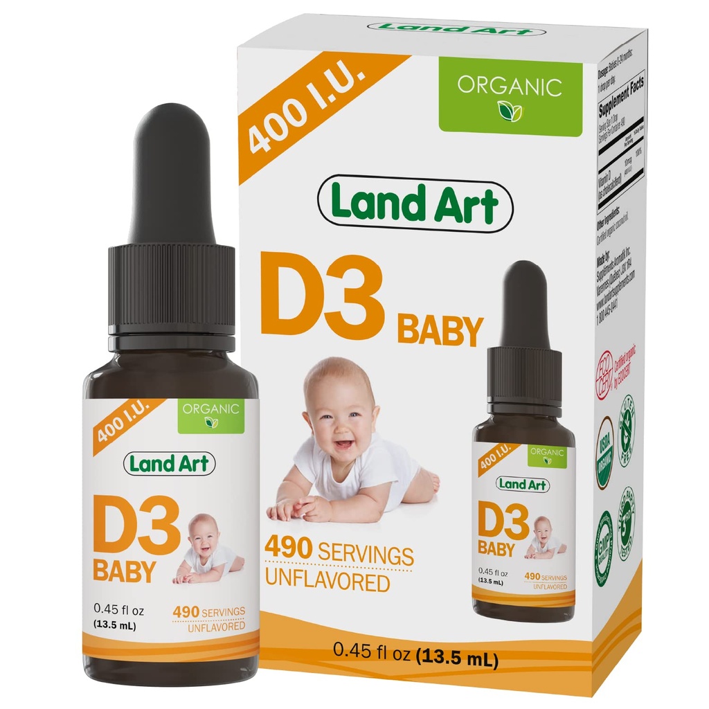 Land Art - Certified Organic Vitamina D3 Drops Baby – 400 UI por gota – 490 Servings – Suporta o desenvolvimento de ossos e dentes – Vitamina D Drops para lactentes e crianças – GMO-Free - Gluten-Free – 0,45 fl oz