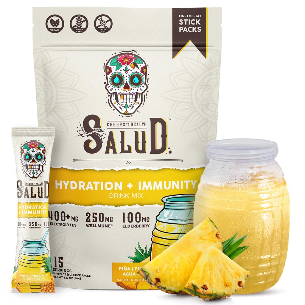 Salud 2-em-1 Pacotes de hidratação + Imunidade Eletrólitos Pó, Abacaxi - Água Fresca Drink Mix, Elderberry, Laticínios e Soja Grátis, Não-GMO, Glúten Livre, Vegan, Baixa Caloria, 1g Açúcar (15 Servings)