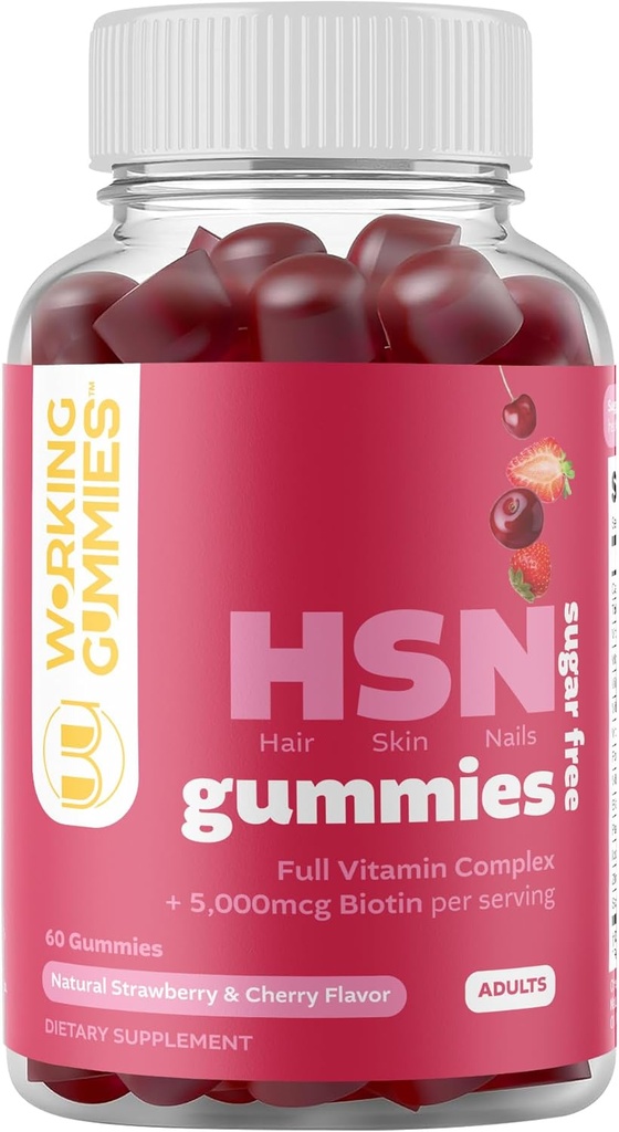 HSN Gummies - Pele de cabelo e unhas Gummies - Açúcar sem pastilhas de biotina 5000mcg com complexo completo de vitaminas para o crescimento do cabelo, pele saudável, força de unhas - 60 Ct Strawberry & Cherry Flavor