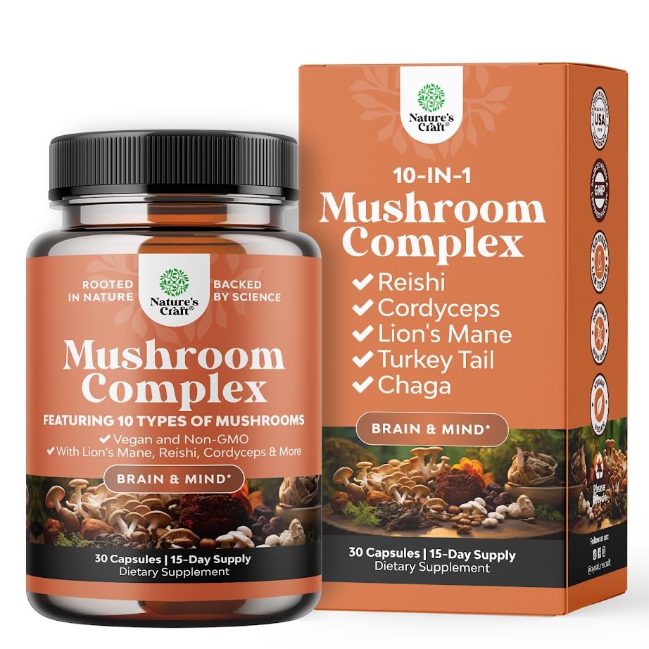 Cápsulas Advanced Mushroom Complex - 10X Lions Mane Supplement Cápsulas com Reishi, Chaga, Maitake & Shiitake para Saúde do Cérebro Suporte e Foco - Nootrópico para Clareza Mental - 30 Caps