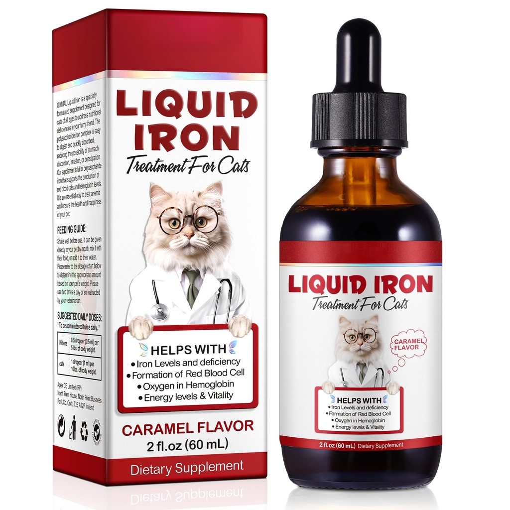 Ferro Líquido para Gatos, Gotas de Ferro Líquido para Gatos Suporta Anemia, Baixo Nível de Energia e Letargia Gatos- Melhorar Níveis de Energia e Vitalidade, Pet Suprimentos Suplemento de Vitamina Gato, Caramel Sabor - 2 fl.oz