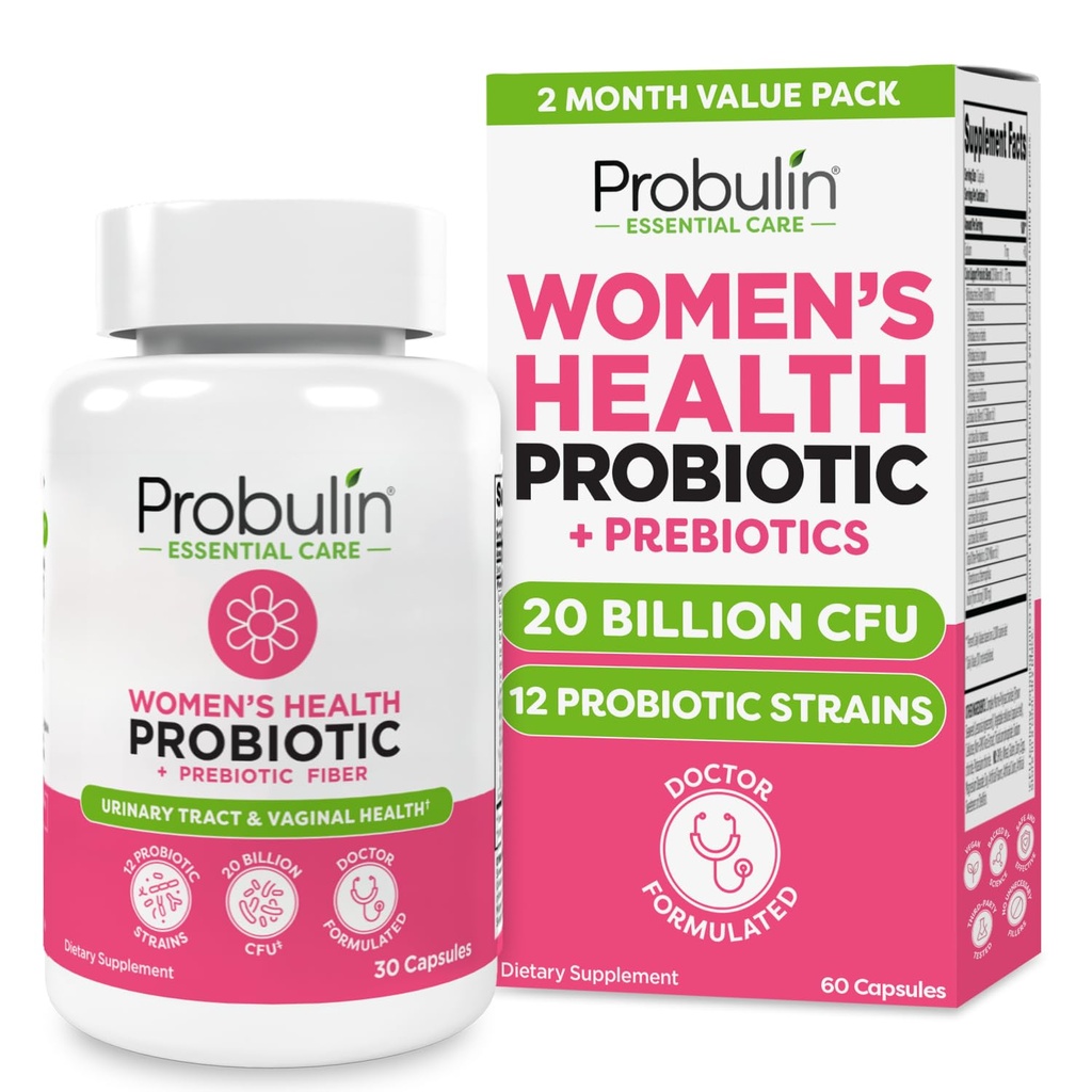 Probulina Mulheres Probiótico - Vaginal, UT, Gut & Imune Saúde com Lactobacillus Reuteri - 20 Bilhões UFC, 12 Probiótico Strains & Prebióticos - 60 Vegan, Cápsulas Glúteas para Poço Inteiro
