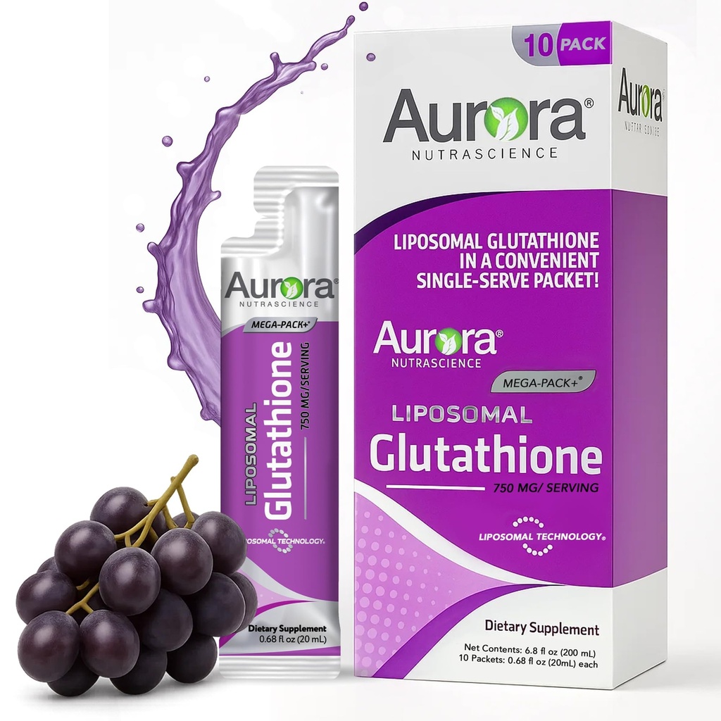 Aurora Nutrascience Mega-Liposomal Líquido Glutationa, Imune & Antioxidante Gut Health Support Supplement, 750 mg por serviço, Não-GMO, Açúcar-Livre, 10 Pacotes de serviço único