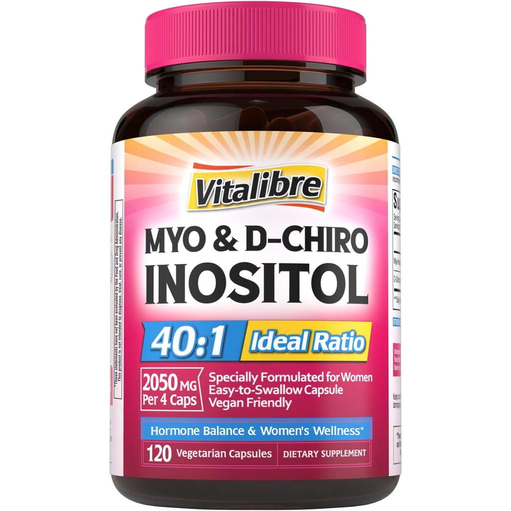 Inositol Supplement, Myo-Inositol & D-Chiro Inositol Fertilidade Suplementos para Mulheres, 40:1 Razão Ideal, Equilíbrio Hormônio e Suporte Ovariano, 120 Cápsulas Vegan