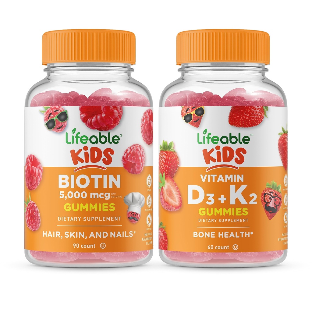 Crianças Biotina Vidal + Vitamina D3 + Vitamina K2 Crianças, chicletes Bundle - Grande degustação, Suplemento de Vitamina, Gluten Free, GMO livre, chiclete mastigável