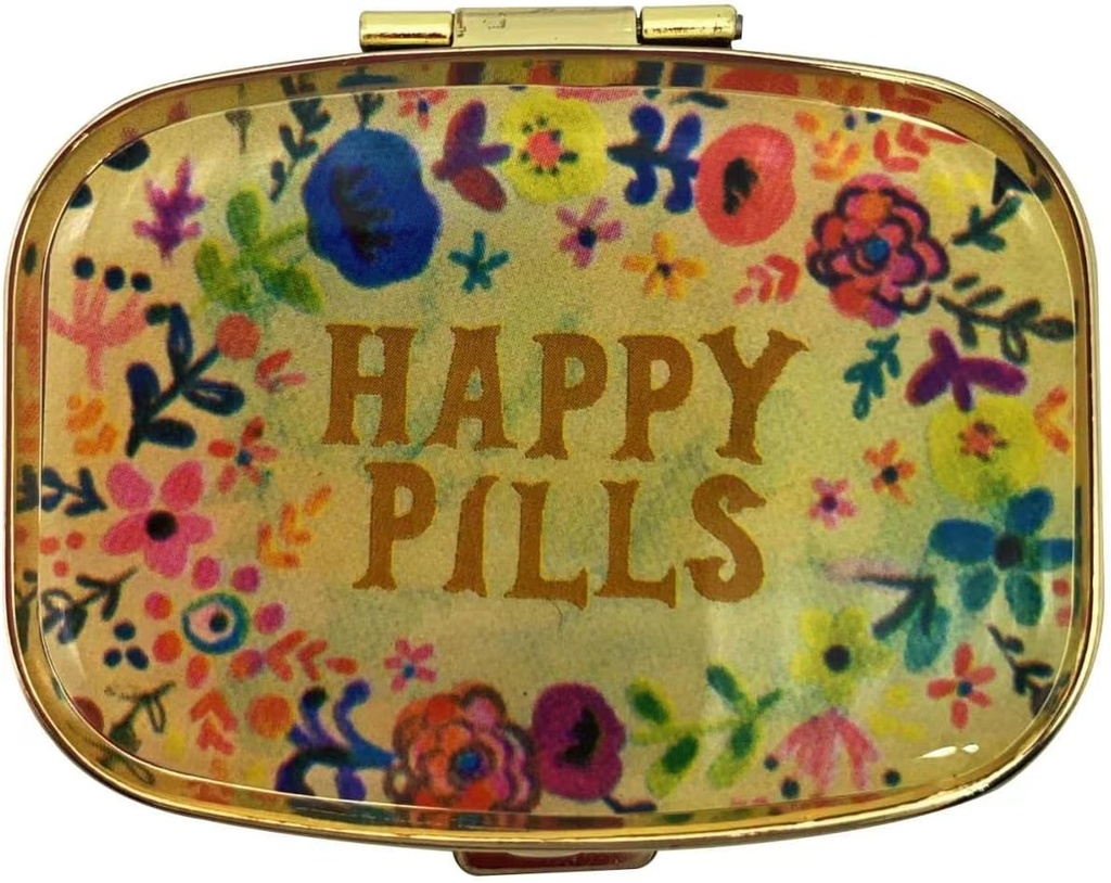 Comprimidos felizes Organizador de pílulas de metal bonito caso de viagem amigável portátil caixa de pílulas compacta recipiente para segurar Tylenol / Vitaminas / óleo de peixe / suplementos / Medidas / Tablet para bolsa / bolso