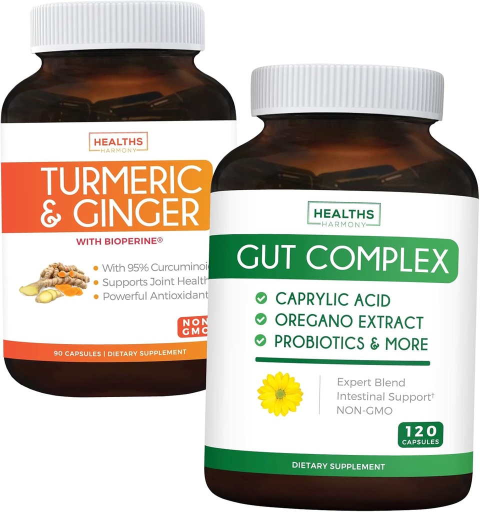 Economize $11 (23% Off) - Equilíbrio de evisceração - Complexo de evisceração com ácido caprílico para saúde de evisceração balanceada e suporte probiótico (120 Cápsulas) e Turmeric & Ginger com 95% Curcuminoides e Bioperine (90 Cápsulas)