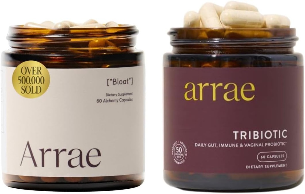 Arrae Bloat + pacote tribiótico, Enzimas Digestivas de alívio de entupimento, Gás e indigestão alívio, Probióticos para as mulheres, Suporte para equilíbrio de pH vaginal, imune e saúde feminina, 60 cápsulas cada