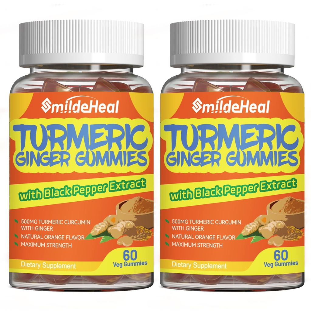 Gummies de Curcumina Cúrmica 500mg, com Extrato de Raiz Cúrmica, Raiz de Ginger, Extrato de Pimenta Negra, Suporte Antioxidante, Gummies de sabor laranja, 60 Count (Pack of 2)