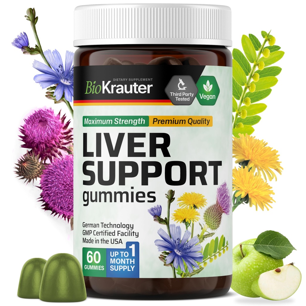 BIO KRAUTER Suplemento de fígado chicletes - 60 Vegan mastiga w/Milk cardo, Raíz de dente-de-leão para limpeza de fígado & Detox - 80% Silymarin